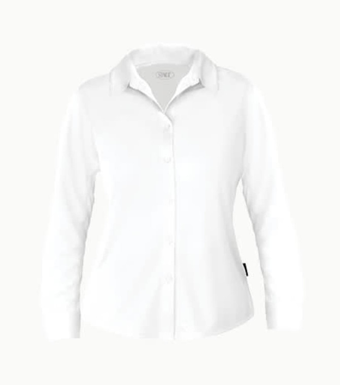 A white polo shirt for men, featuring a collar and button-up design. Includes a logo on the garment.