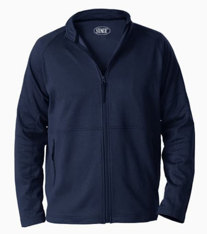 A navy unisex jacket with a zip front, side pockets, and a collar. It features a logo on the upper section.
