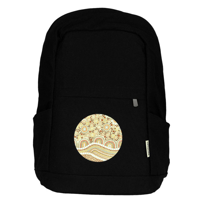 A black laptop backpack featuring a circular design with intricate patterns. It has side pockets and a logo.