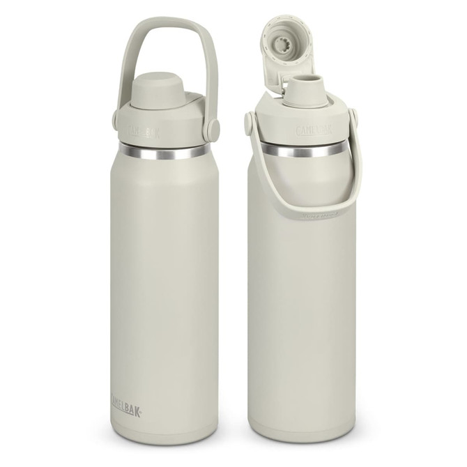 A drink bottle in light grey with a handle and a flip-top cap, featuring a logo on the side.