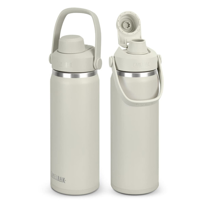 A drink bottle with a light grey finish, featuring a handle and a flip-top lid, includes a logo.
