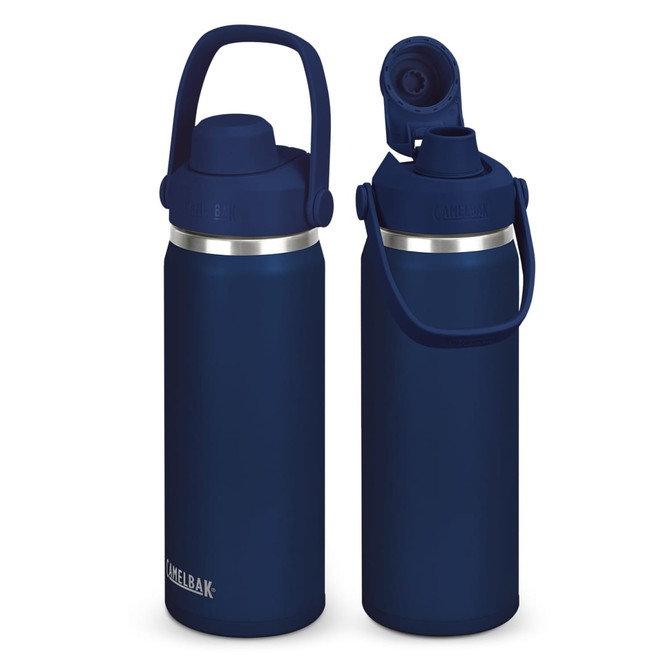 A drink bottle in navy blue with a stainless steel band and a flip-top lid. It features a logo.