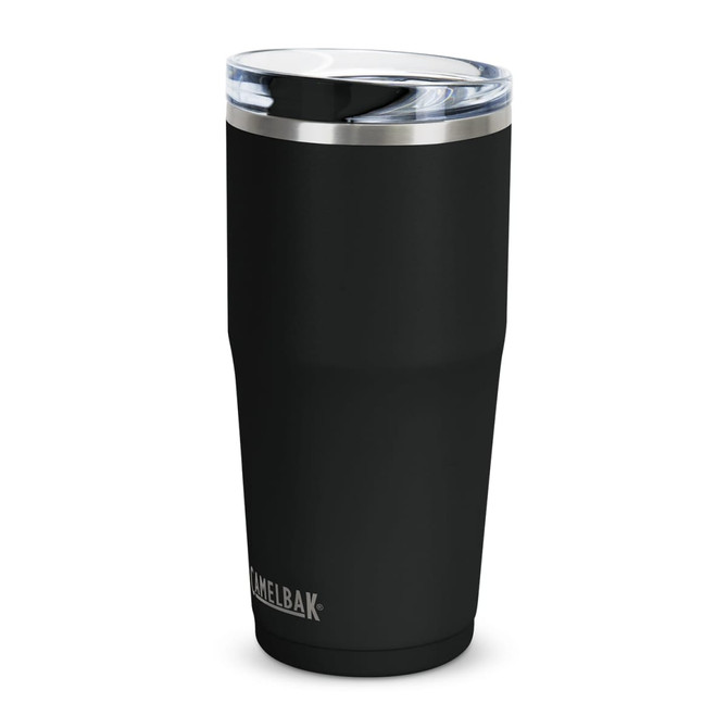 A drink bottle featuring a sleek black design with a transparent lid, made from stainless steel.
