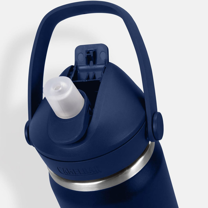 A drink bottle in navy blue with a flip straw lid and stainless steel base, featuring a handle and branding.