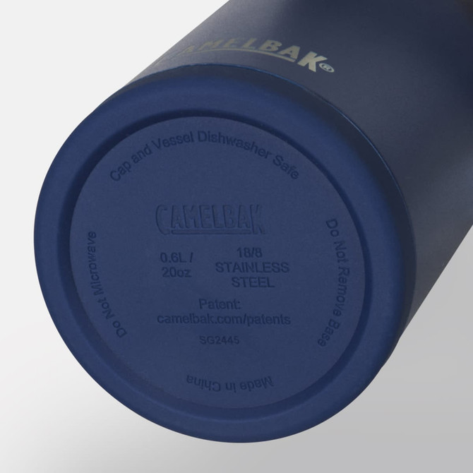 A drink bottle in navy blue with a stainless steel body, featuring a logo on its base.
