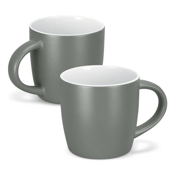 A drinkware set featuring two mocha coffee mugs in a matte grey colour with contrasting white interiors.