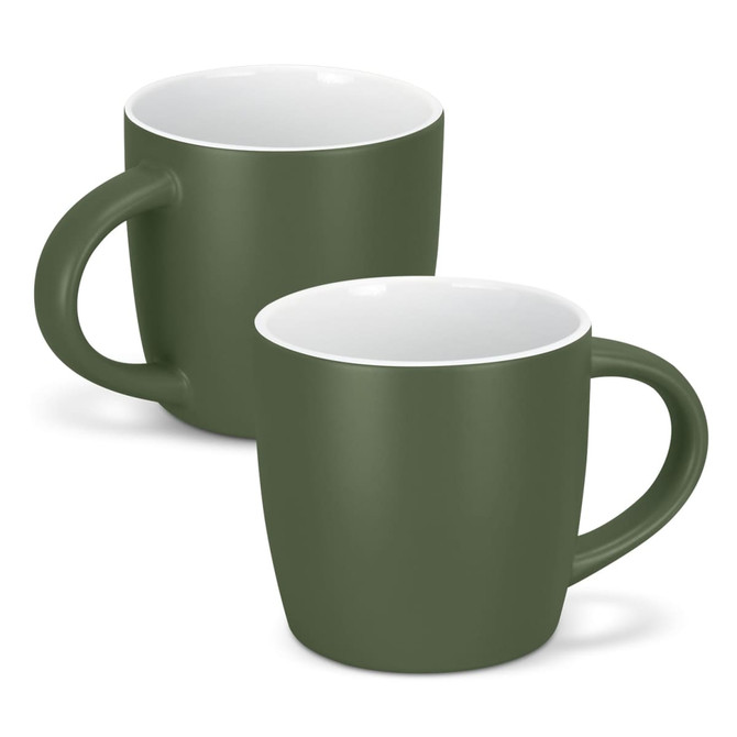A green mocha coffee mug with a smooth exterior and a white interior, featuring a handle and a logo.