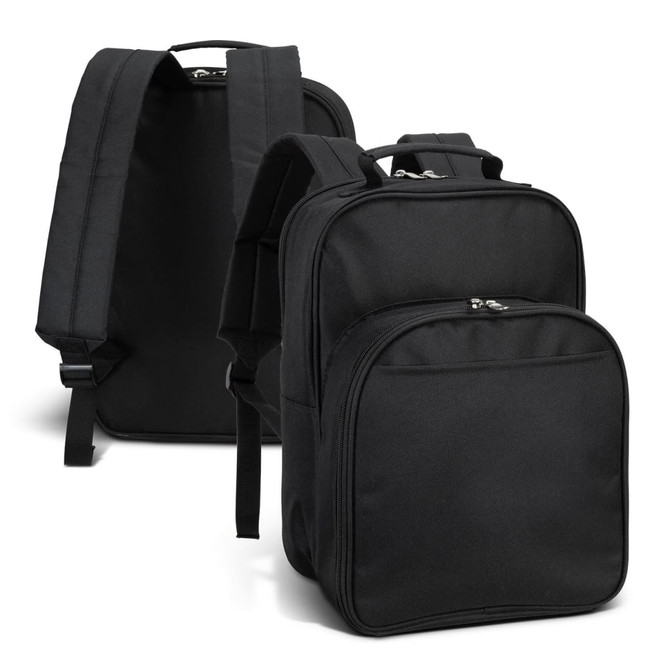 A black picnic backpack featuring multiple compartments and adjustable shoulder straps. It has a logo on the front.