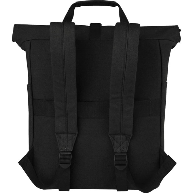 A black recycled canvas backpack tote with adjustable straps and a top handle, featuring a logo.