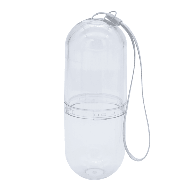 A transparent, cylindrical pill tube with a grey strap. It features two compartments for storing items.