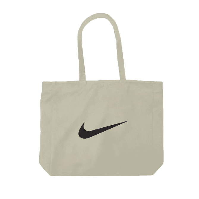 A cream tote bag with a black logo, featuring two handles for easy carrying.