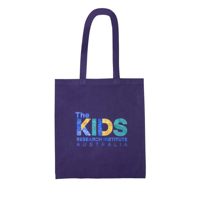 A purple tote bag with colourful branding and a logo, designed for promotional use.
