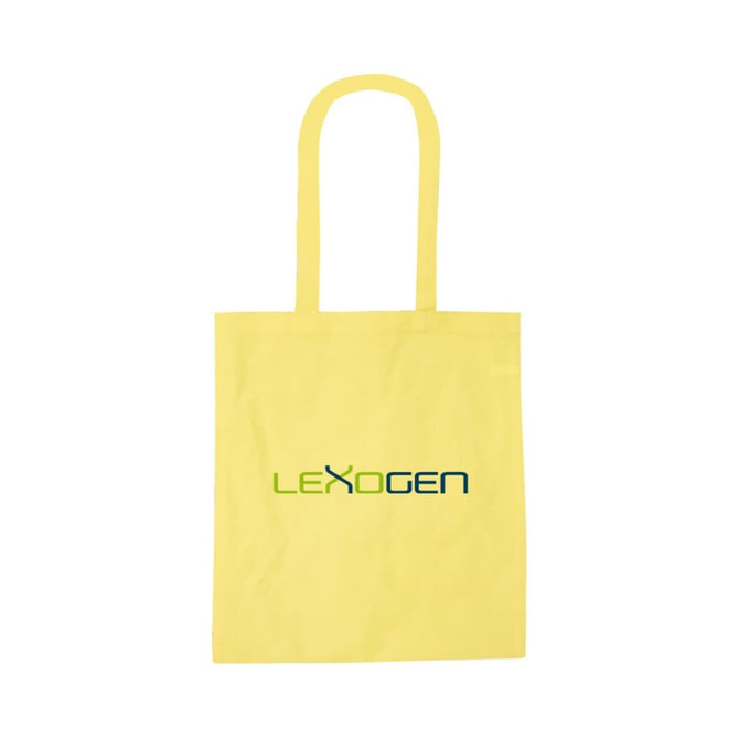 A yellow recycled cotton tote bag with handles and a logo on the front.