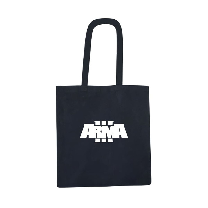 A black recycled cotton tote bag featuring a white logo. The bag has two handles for easy carrying.