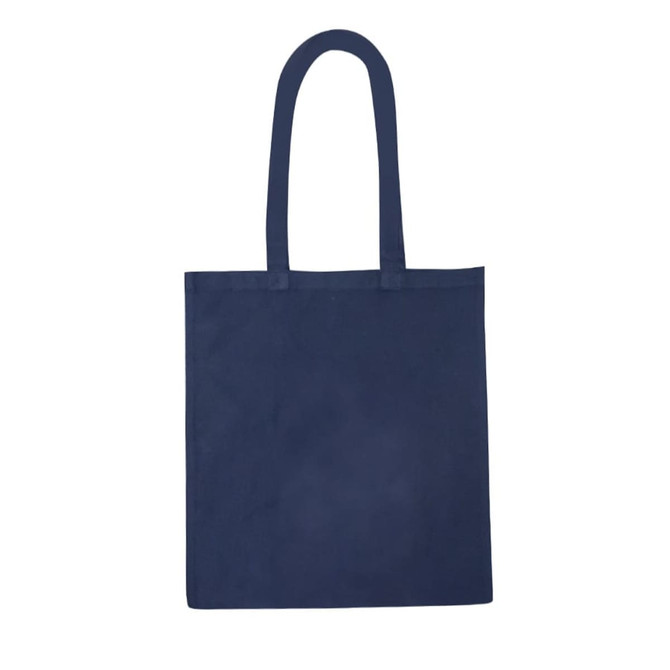 A navy blue tote bag with long handles and a plain design. It features a logo on one side.