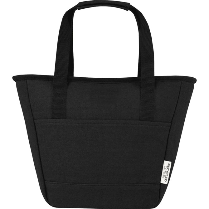 A black recycled canvas cooler tote with sturdy handles and a front pocket, featuring a logo. Suitable for carrying food and drinks.