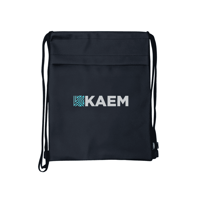 A black drawstring bag featuring a logo, ideal for carrying various small items.