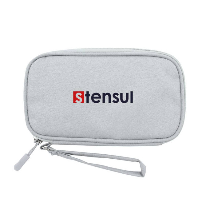 A grey carrying case with a logo, featuring a zip closure and a wrist strap.