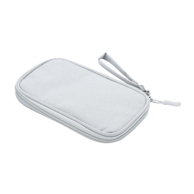 A grey carrying case with a zip closure and a wrist strap, designed for miscellaneous items.