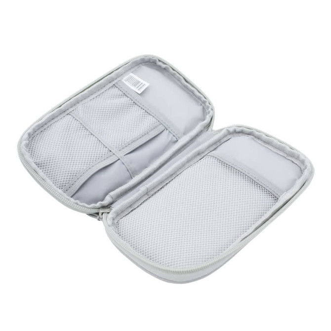 A grey carrying case with mesh pockets and a zip closure, suitable for travel accessories.
