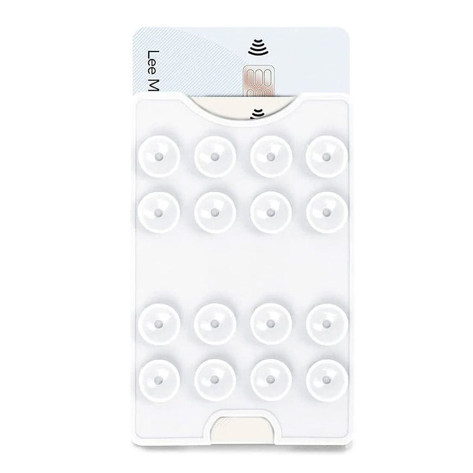 A white suction phone wallet featuring multiple suction cups, designed to hold a card securely.