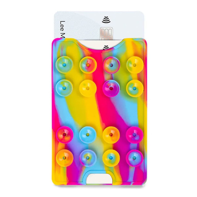 A multi-coloured suction phone wallet featuring vibrant pink, yellow, and blue patterns with suction cups.