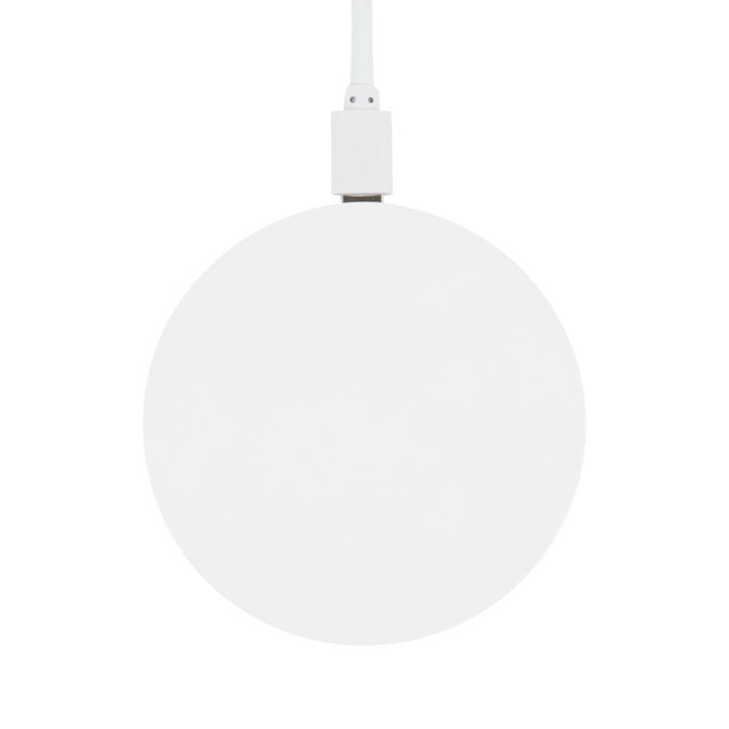 A round, white wireless charger with a connected cable. This product belongs to the Phone & Technology category.