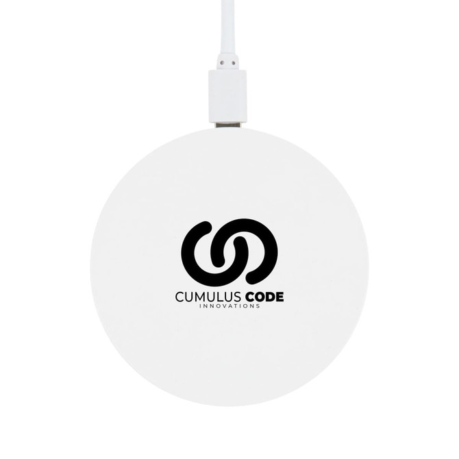 A round wireless charger featuring a white design and the logo of Cumulus Code Innovations.