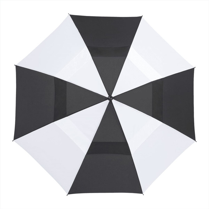 A black and white recycled golf umbrella featuring a central opening and a logo on the handle.