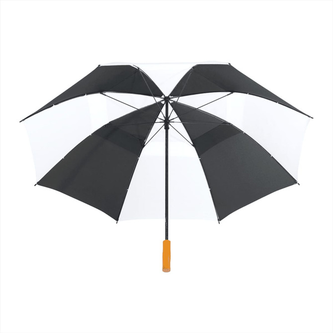A black and white recycled golf umbrella with an orange handle, featuring a logo on the canopy.
