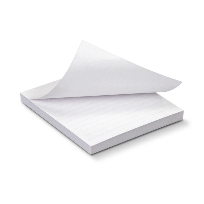 A stack of white recycled sticky pads, measuring 70 x 75mm, featuring 50 sheets with a corner sheet lifted.