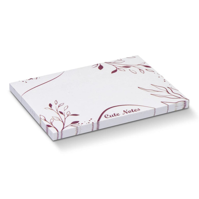 A white sticky pad featuring a floral design, containing 50 sheets and measuring 100 x 75mm. It has a logo.