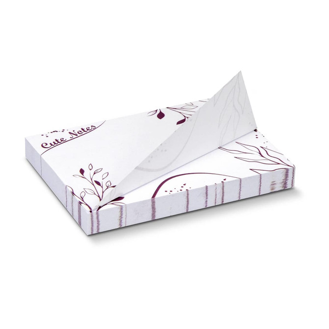 A white sticky pad featuring floral designs, measuring 100 x 75mm with 100 sheets. Includes branding on the cover.