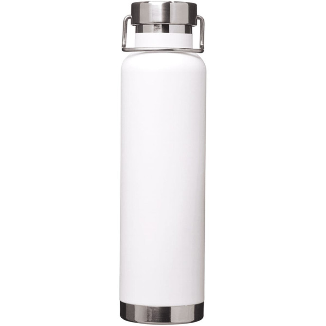 A drink bottle in white with a stainless steel cap and base, featuring a logo. Suitable for vacuum insulation.