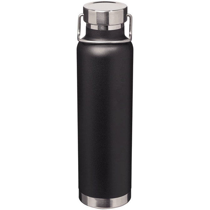 A drink bottle featuring a sleek black design with stainless steel accents and a secure lid.