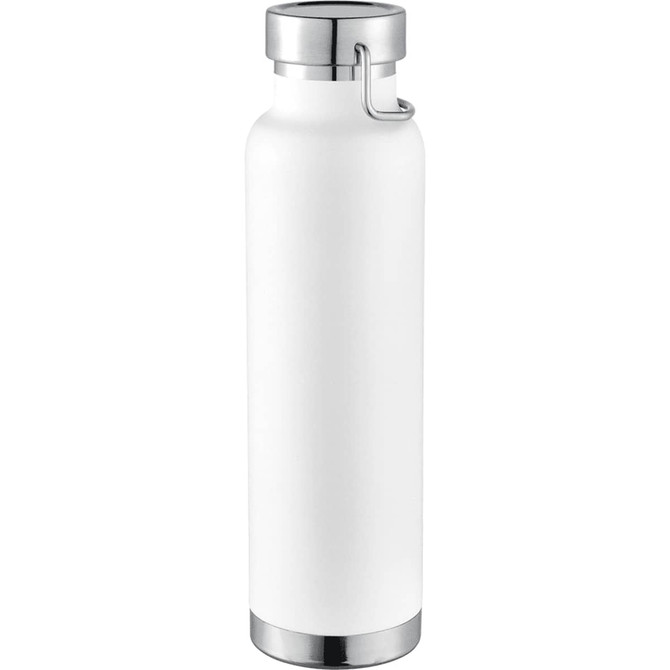 A drink bottle in white with a stainless steel lid and base, featuring a loop for easy carrying.