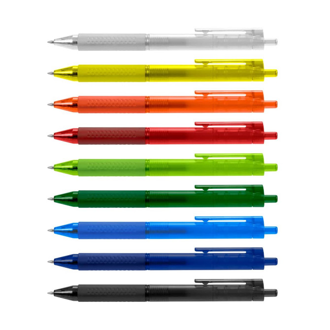 A row of ten Flow Gel Pens in various colours: clear, yellow, orange, green, dark green, blue, and black. Each has a logo.