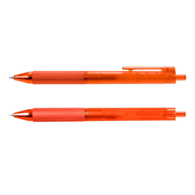 Two orange Flow Gel Pens are positioned parallel, featuring textured grips and clip attachments.