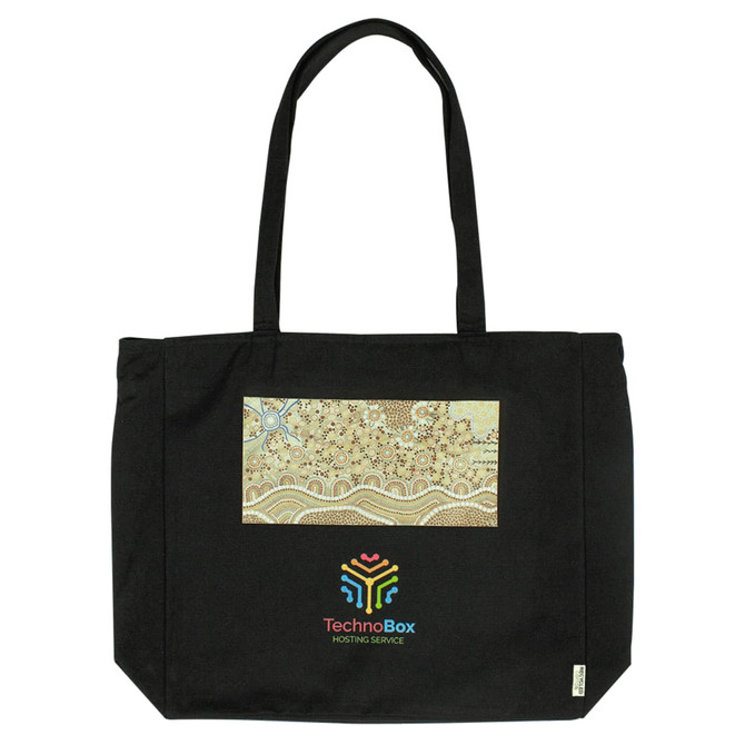 A black tote bag featuring a patterned design and a logo on the front. It has two sturdy handles.