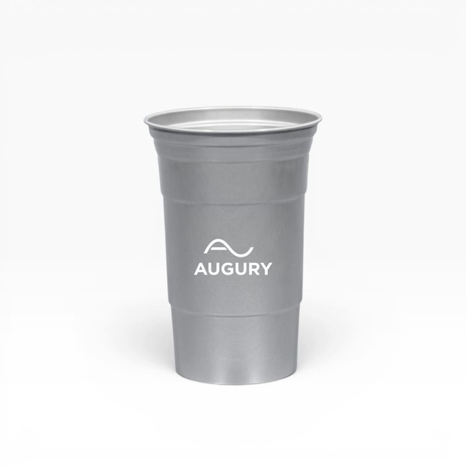 A drink cup made of recycled aluminium, featuring a sleek silver design and a logo on the front.