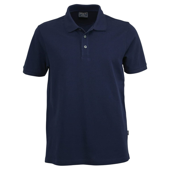 A navy blue men's polo shirt featuring a classic collar and three-button placket, with a logo on the tag.