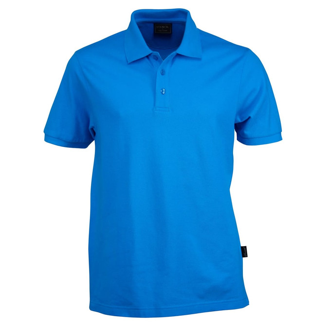 A bright blue men's polo shirt featuring a collar and short sleeves, with a logo on the chest.