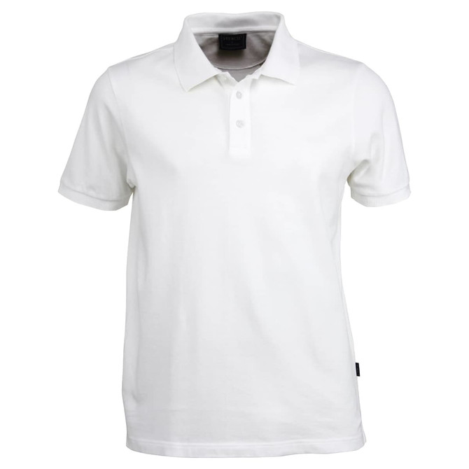 A white polo shirt featuring a classic collar and three-button placket, with a logo on the hem.