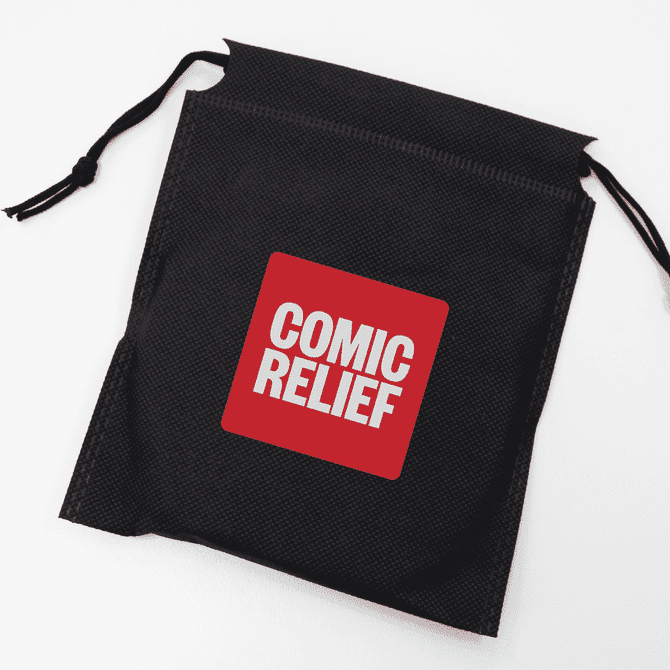 A black drawstring pouch featuring a red square with a white logo.