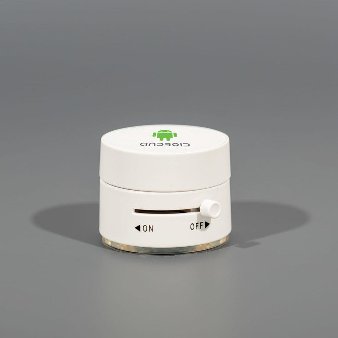 A white suction phone stand with an adjustable switch and an Android logo on top, set against a grey background.