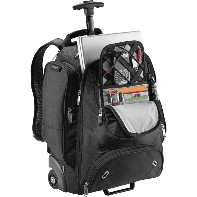 A black wheeled backpack featuring multiple compartments, including a padded section for a laptop and mesh pockets.