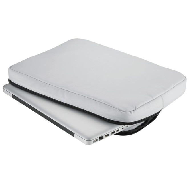 A grey laptop sleeve with a zipper, slightly open to reveal a laptop inside.