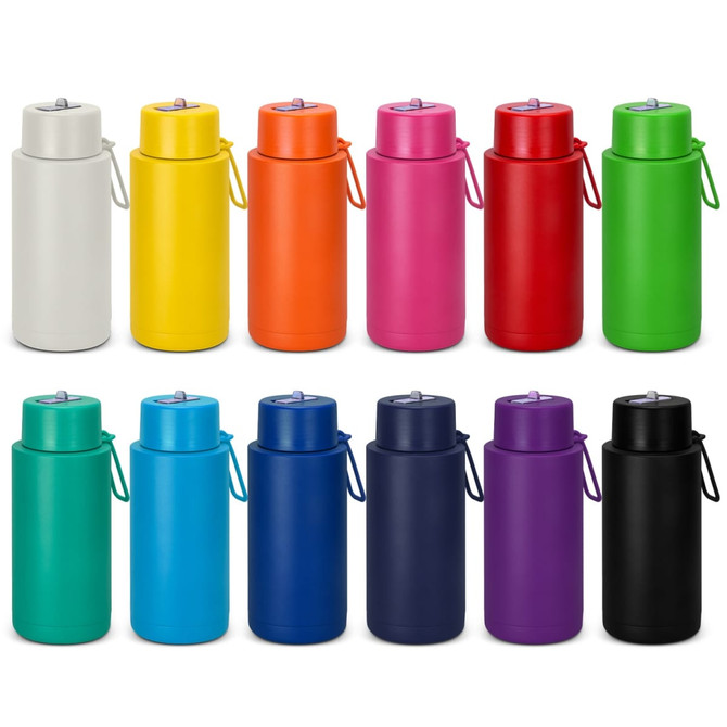 A drink bottle range featuring 12 colourful 1L vacuum bottles, including white, yellow, orange, pink, red, green, blue, navy, and purple.