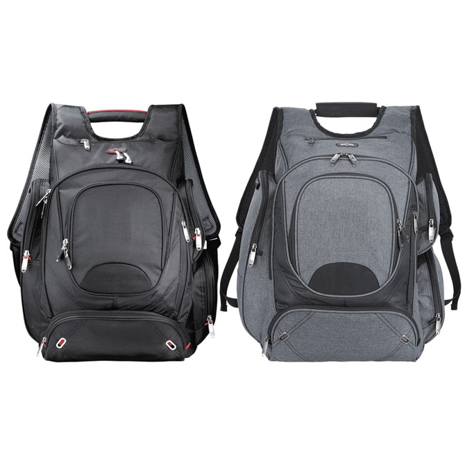 Two backpacks are displayed side by side: one in black and the other in grey, both featuring multiple zippers and compartments.