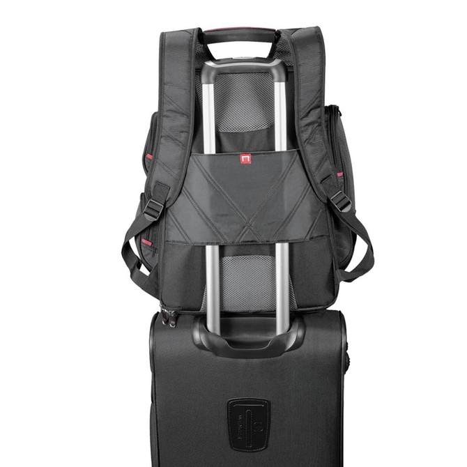 A black checkpoint-friendly backpack featuring multiple storage compartments and straps for easy transport on a trolley.